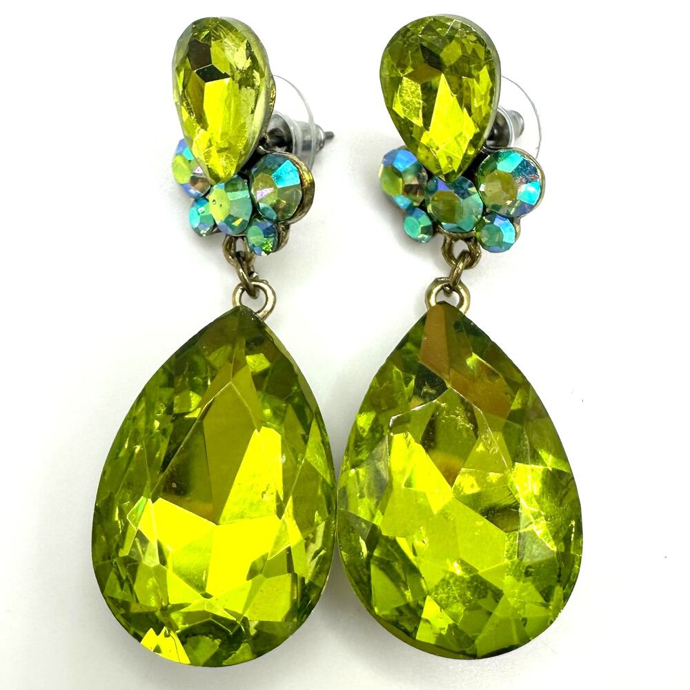 Gold tone green AB aurora borealis glass rhinestones dangle drop post earrings